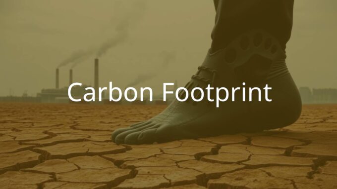 A conceptual image of a carbon footprint, symbolized by a large dark footprint on cracked earth, with smokestacks in the background emitting greenhouse gases, muted earth tones, realistic.