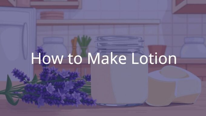 A glass jar filled with homemade creamy lotion, surrounded by natural ingredients like almond oil, shea butter, and lavender flowers, soft lighting, cozy kitchen setting, illustrative style.