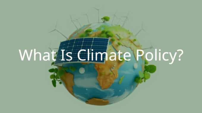 A globe with green energy icons like wind turbines and solar panels, vibrant and futuristic, symbolizing climate policy and sustainability.