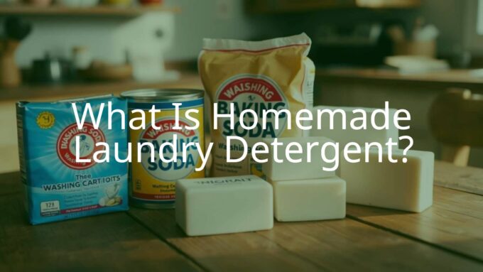 Homemade laundry detergent ingredients: washing soda, baking soda, borax, and soap bars on a wooden table, natural and simple, cozy kitchen setting.