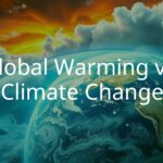 Earth with rising temperature and melting glaciers, dark storm clouds and extreme weather, contrasting warm and cold colors, realistic.