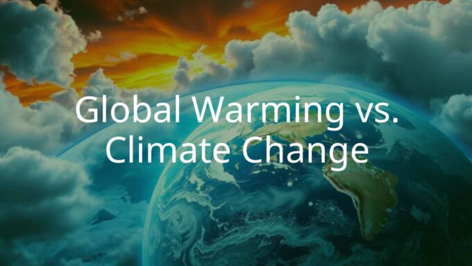 Earth with rising temperature and melting glaciers, dark storm clouds and extreme weather, contrasting warm and cold colors, realistic.