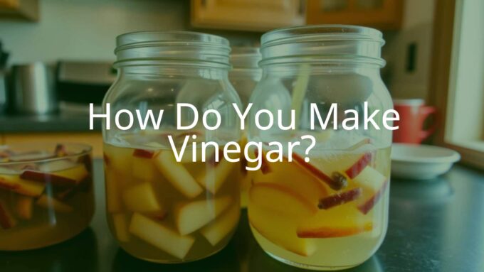 Glass jars with homemade vinegar fermentation, bubbling liquid, fruit scraps or wine, warm kitchen setting, natural lighting, realistic.