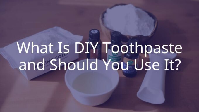 DIY toothpaste ingredients on a wooden table: baking soda, coconut oil, essential oils, and a small mixing bowl, natural lighting, minimalist style.