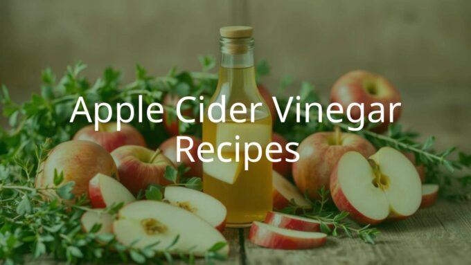 A glass bottle of apple cider vinegar with fresh apples and herbs, rustic wooden table, natural light, appetizing and fresh vibe.