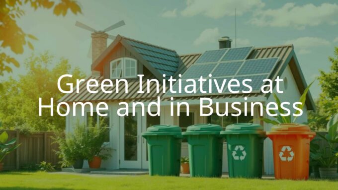 Green initiatives concept, eco-friendly home and business, solar panels, recycling bins, plants, clean energy, bright and hopeful mood, realistic style.