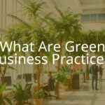 A modern office with green plants, solar panels on the roof, employees recycling, and a clean energy symbol, bright and eco-friendly atmosphere, realistic.