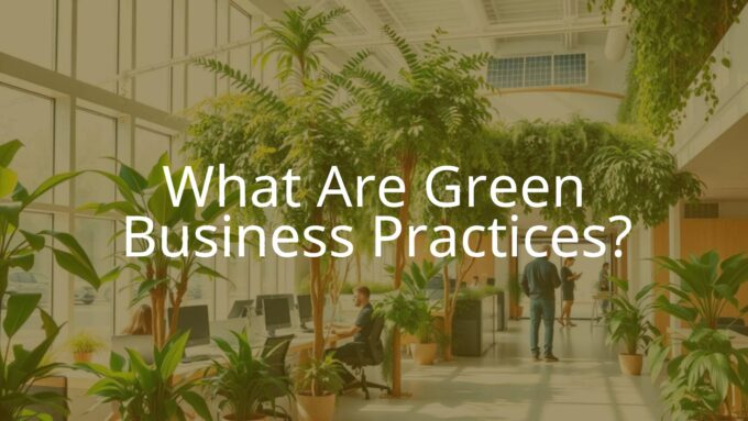 A modern office with green plants, solar panels on the roof, employees recycling, and a clean energy symbol, bright and eco-friendly atmosphere, realistic.