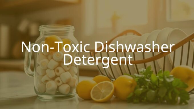 A modern kitchen scene with a glass jar of non-toxic dishwasher detergent pods, fresh lemons and herbs nearby, clean dishes in a wood drying rack, natural sunlight, bright and fresh vibe.