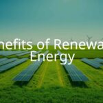 Renewable energy landscape with solar panels and wind turbines under a clear blue sky, green fields, bright sunlight, eco-friendly, modern, realistic.