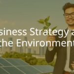 A modern business executive holding a green plant, standing in front of a city skyline with solar panels and wind turbines, realistic.