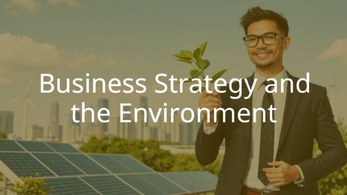 A modern business executive holding a green plant, standing in front of a city skyline with solar panels and wind turbines, realistic.