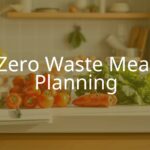 A neatly organized kitchen counter with fresh vegetables, reusable containers, and a meal planning notebook, bright and clean aesthetic, eco-friendly vibe.