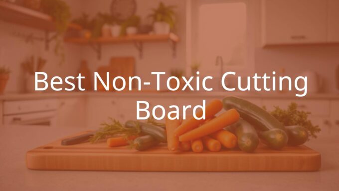 A modern kitchen with a non-toxic cutting board made of natural wood, fresh vegetables like carrots and cucumbers on top, clean and bright lighting, realistic.
