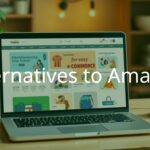 Online shopping alternatives to Amazon, showing various e-commerce websites on a laptop screen with a cozy, ethical shopping vibe, illustrative.