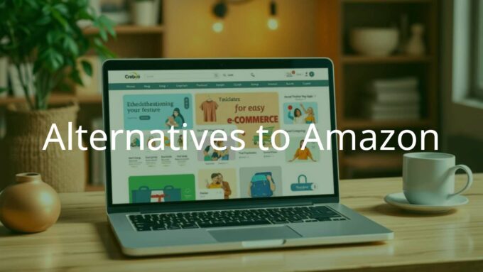 Online shopping alternatives to Amazon, showing various e-commerce websites on a laptop screen with a cozy, ethical shopping vibe, illustrative.