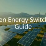 Renewable energy landscape with wind turbines, solar panels, and a bright sun, green energy concept, clean and modern style.