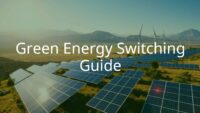 Renewable energy landscape with wind turbines, solar panels, and a bright sun, green energy concept, clean and modern style.