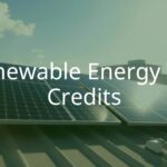 Solar panels on a sunny rooftop with a green energy symbol, clean and modern style, bright and optimistic vibe.