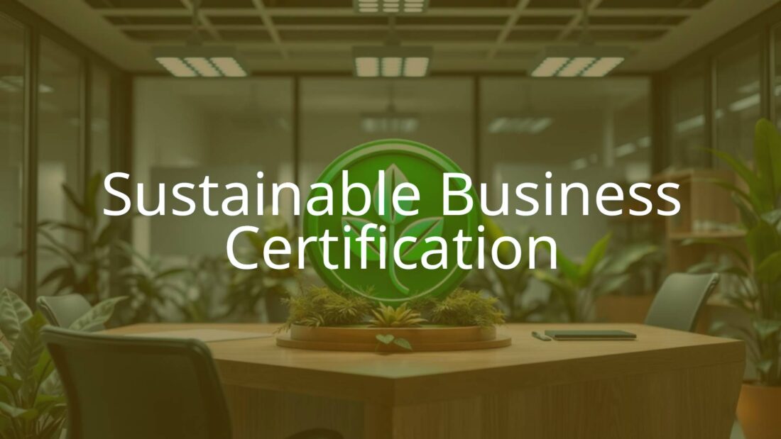 A green certification badge on a modern office desk with plants and sustainable materials, bright and professional lighting, realistic.