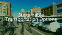 Sustainable transportation options, including bicycles, electric cars, and public transit, in a vibrant urban setting under clear blue skies, modern and clean aesthetic.