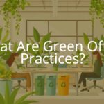 A modern eco-friendly office with green plants, natural light, recycling bins, and employees using reusable cups, bright and clean atmosphere, illustrative style.