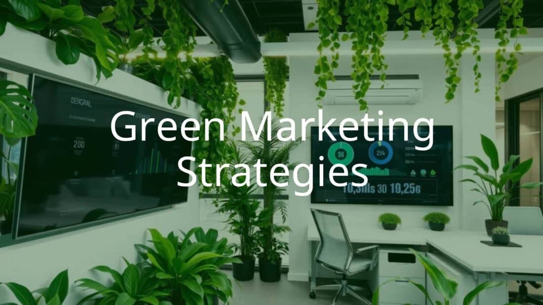 Green marketing concept, eco-friendly business strategies, sustainable products, modern office with plants, digital interface showing environmental data, clean and bright, professional.
