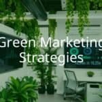 Green marketing concept, eco-friendly business strategies, sustainable products, modern office with plants, digital interface showing environmental data, clean and bright, professional.