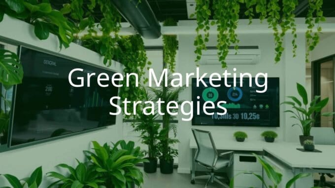 Green marketing concept, eco-friendly business strategies, sustainable products, modern office with plants, digital interface showing environmental data, clean and bright, professional.