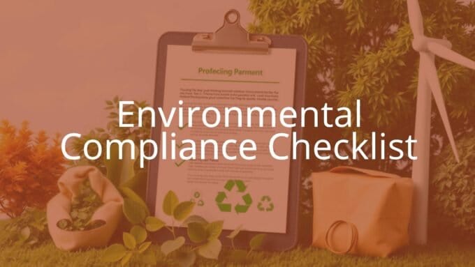A professional checklist on a clipboard with green tick marks, surrounded by eco-friendly symbols like recycling, trees, and a clean energy wind turbine, realistic.