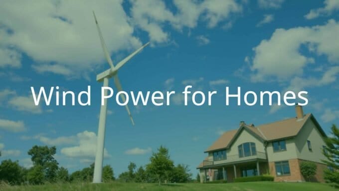 A modern residential wind turbine on a rural property, green energy, blue sky with scattered clouds, realistic style.