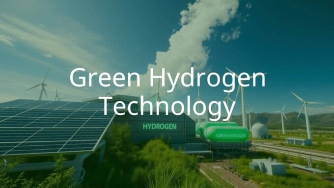 A futuristic hydrogen electrolysis plant with solar panels and wind turbines, green hydrogen bubbles, clean energy vibe, industrial yet sustainable.