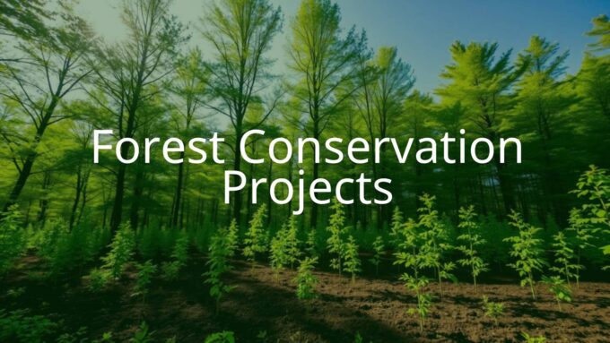 Lush green forest with sunlight filtering through tall trees, a team of people planting saplings, clear blue sky, eco-friendly vibe, realistic.