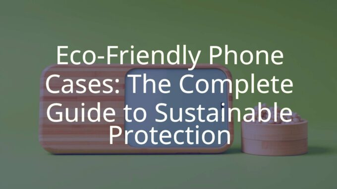 Eco-friendly phone case made from bamboo and recycled materials, modern design, green background, sustainable vibe, realistic.