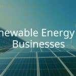 Modern business building with solar panels and wind turbines, sunny day, green energy concept, clean and futuristic.